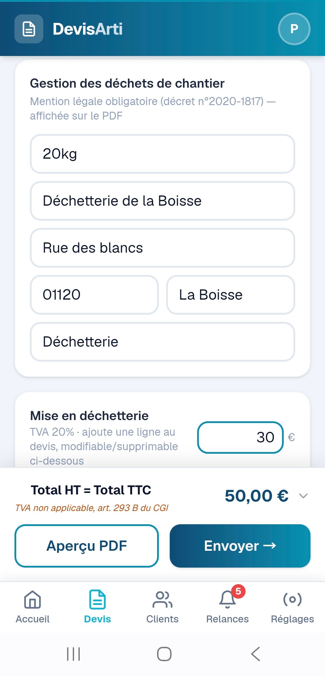 Encart gestion des déchets de chantier dans un devis, avec quantité estimée et point de collecte