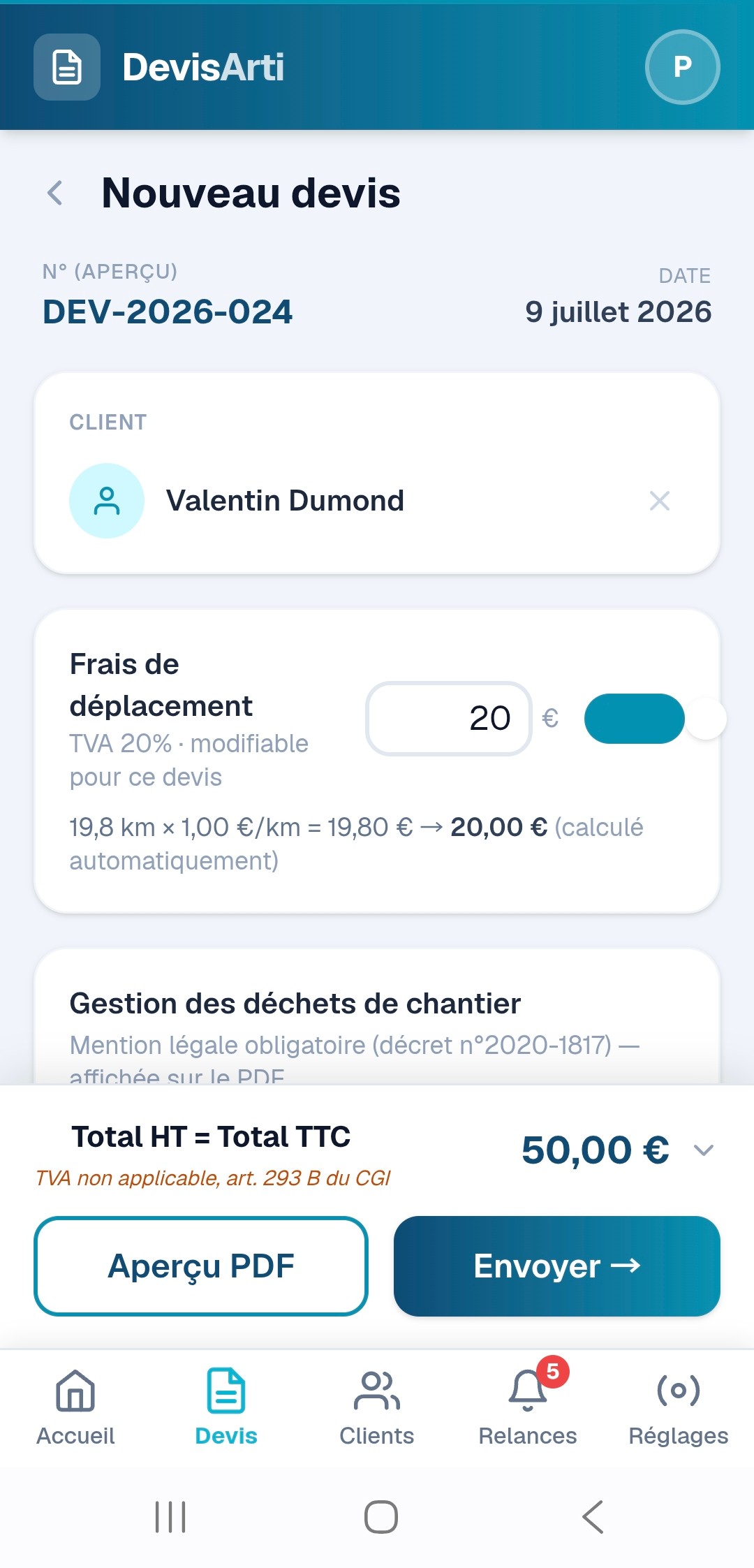 Frais de déplacement calculés automatiquement dans un devis : 19,8 km × 1,00€/km = 19,80€, arrondi à 20,00€